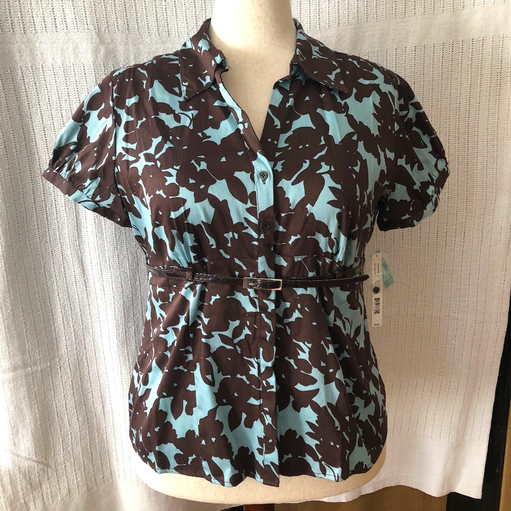Apt.9 Baby Blue & Brown Leaf Design Button Up Top